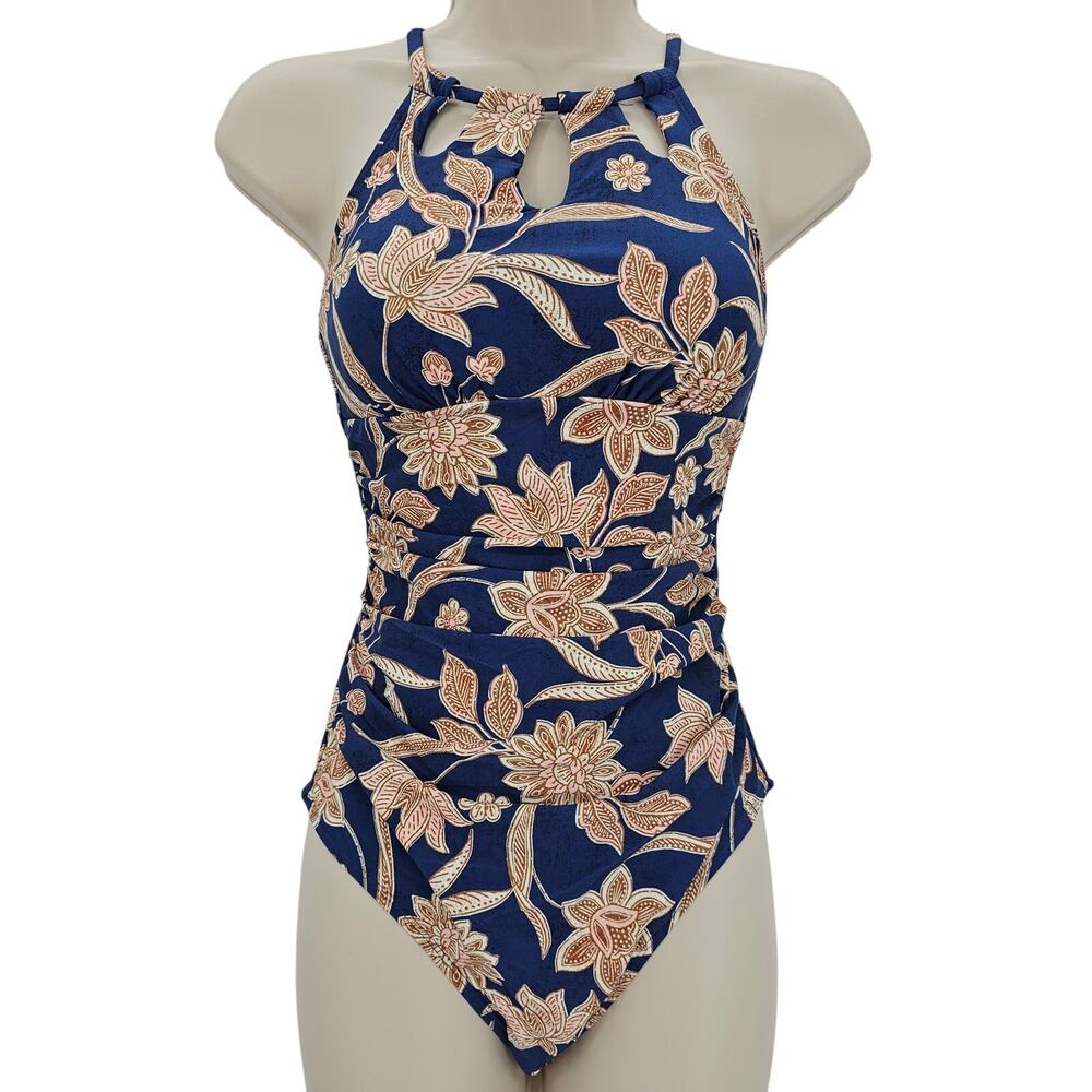 Cupshe Womans size XS Floral High Neck Cut Out One Piece Swimsuit Blue NEW